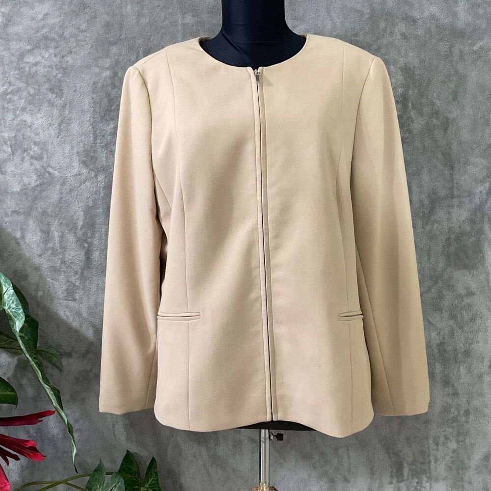 Talbots Full Zip Blazer Women's Sz 14 Tan Italian Fabric Career Office Travel